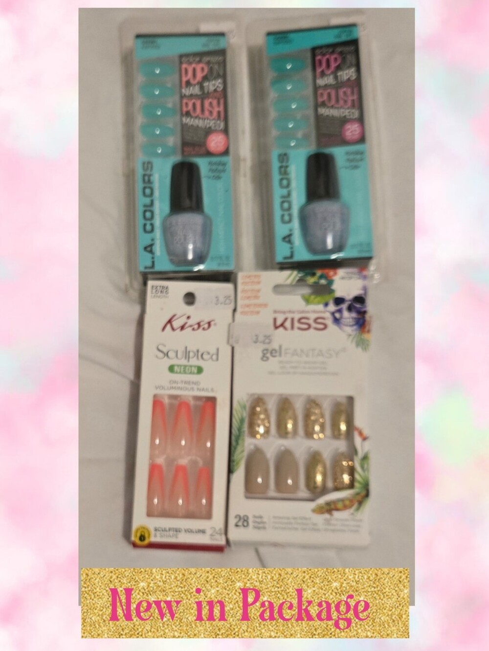 L.A. Colors & KISS Mixed Nail Kits - Blue, Coral, Gold & Nude Press-On Nails